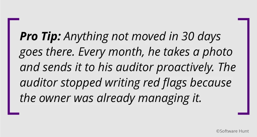 Pro tip text on sending monthly dead-stock photos to auditors to prevent red flags in inventory management.